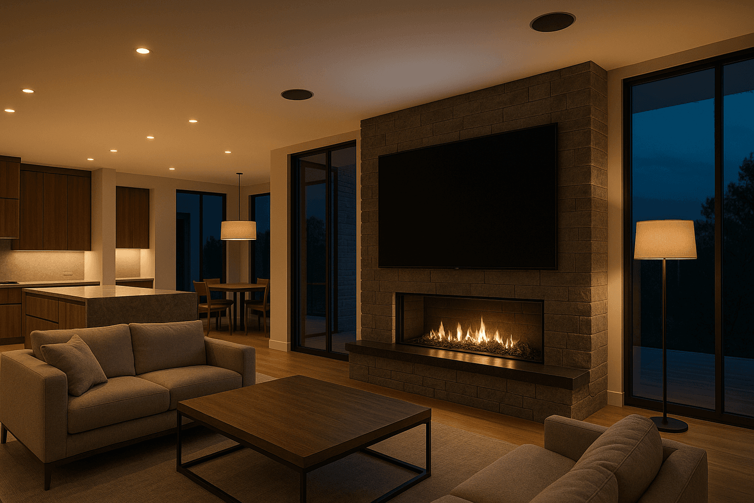 Living room at dusk with smart recessed lighting, a mounted TV and a modern fireplace