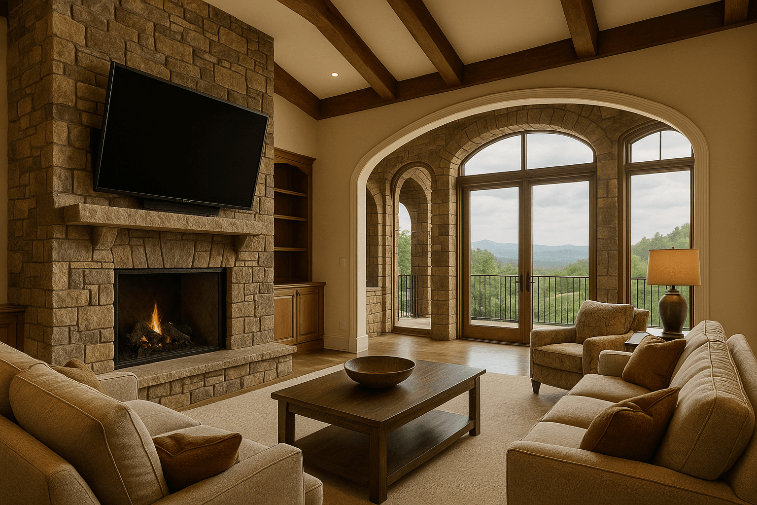 Stone fireplace with a mounted TV in a timber-beam living room overlooking the mountains