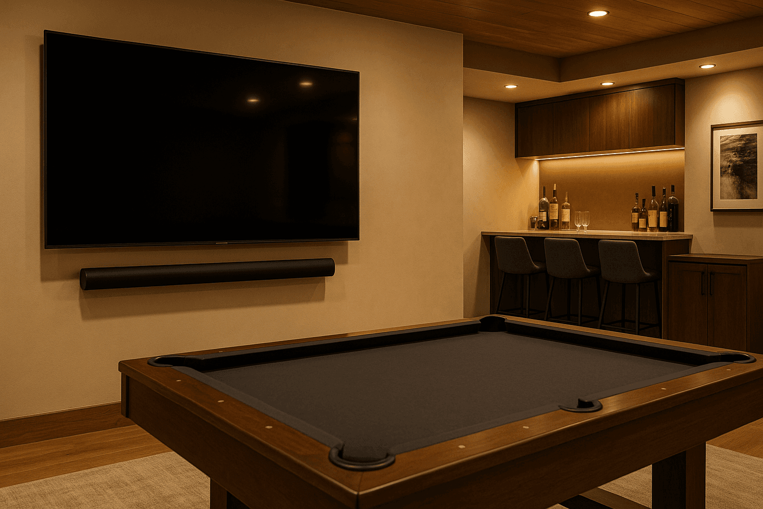 Wall-mounted TV with soundbar in a basement game room with a pool table and home bar