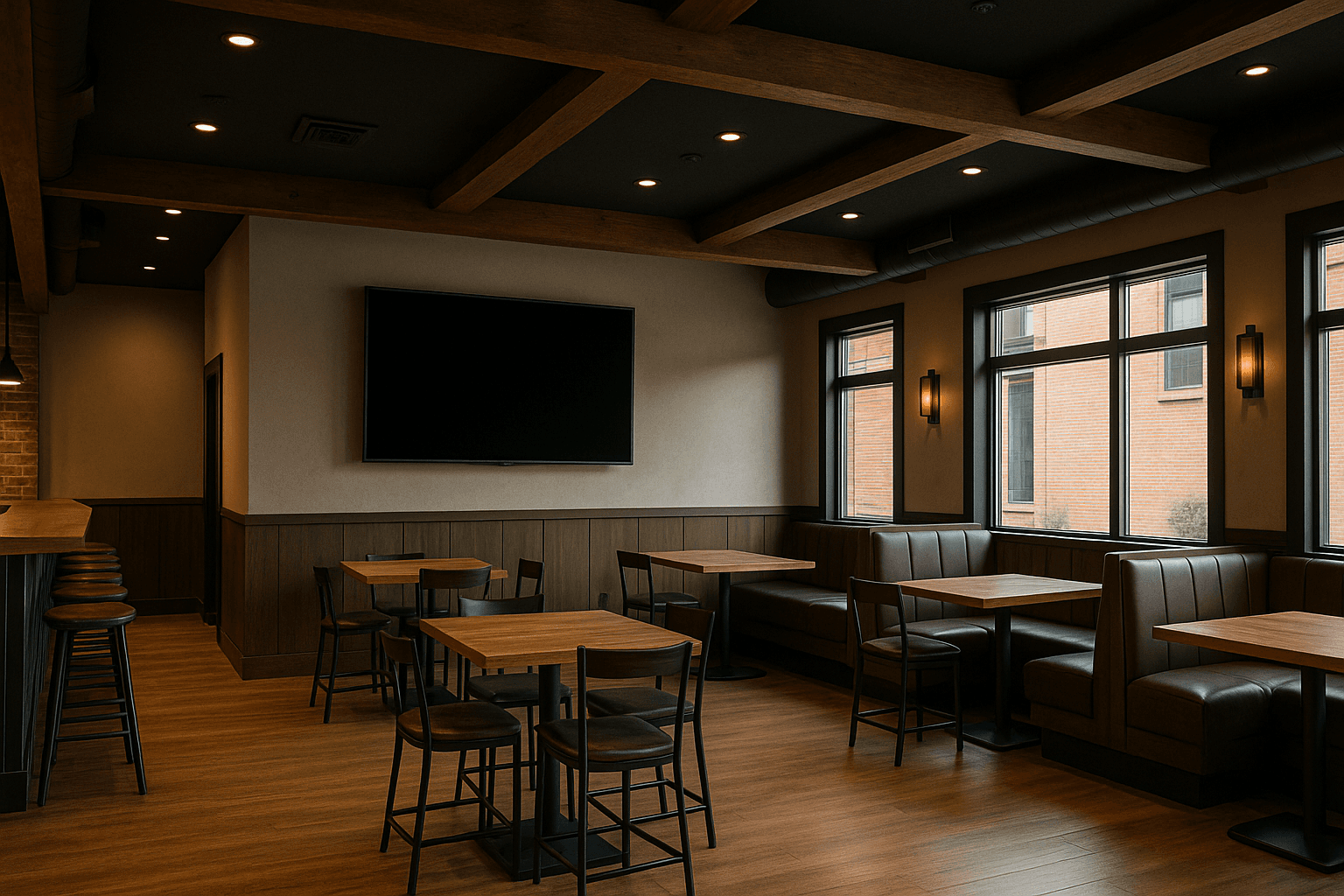 Restaurant dining room with a wall-mounted TV and booth seating