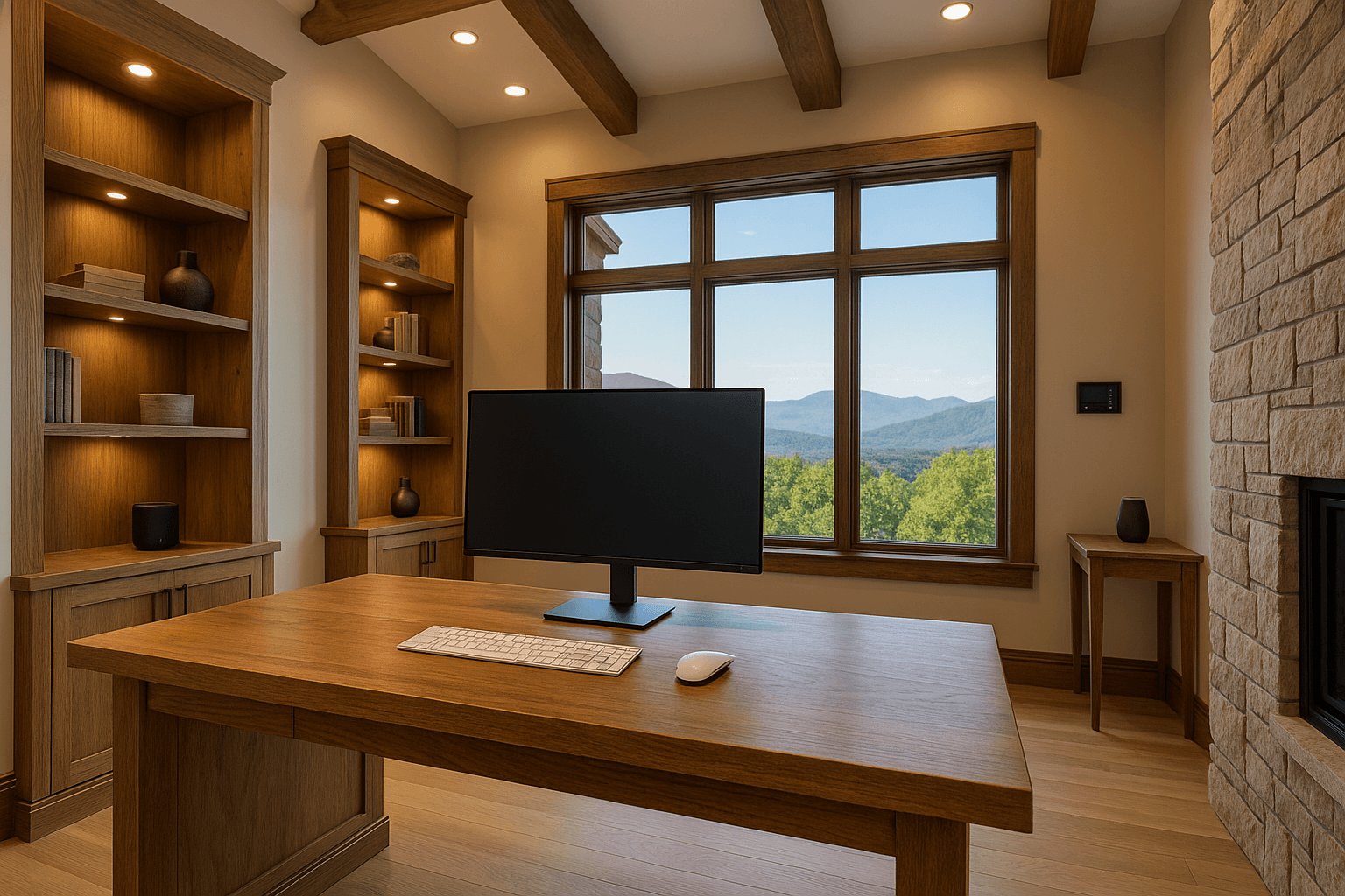Custom home office with a large desk, built-in shelving and a mountain view
