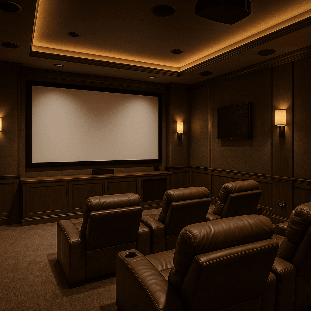 Dedicated home theater with a projection screen, leather recliners and ambient cove lighting