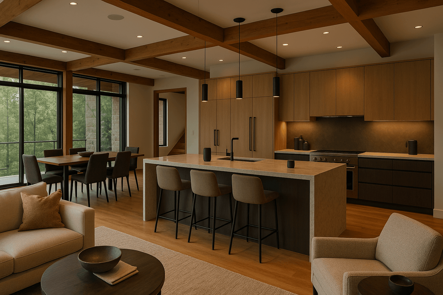 Open-plan kitchen and living area with recessed lighting and in-ceiling speakers
