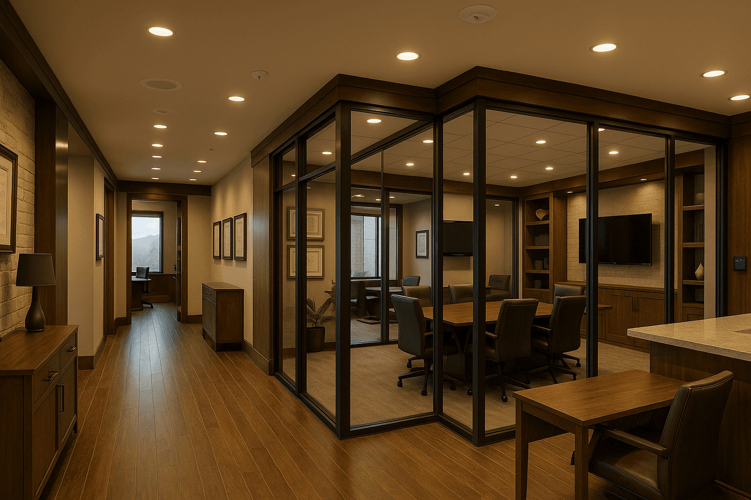 Small business office with a glass-walled conference room and wall-mounted display