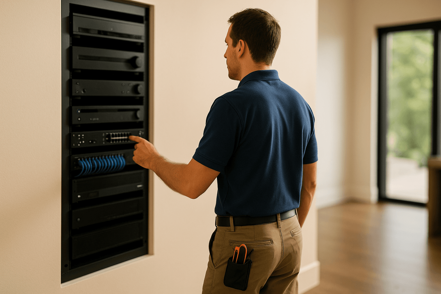 Total Tech technician working on an in-wall network and AV equipment rack