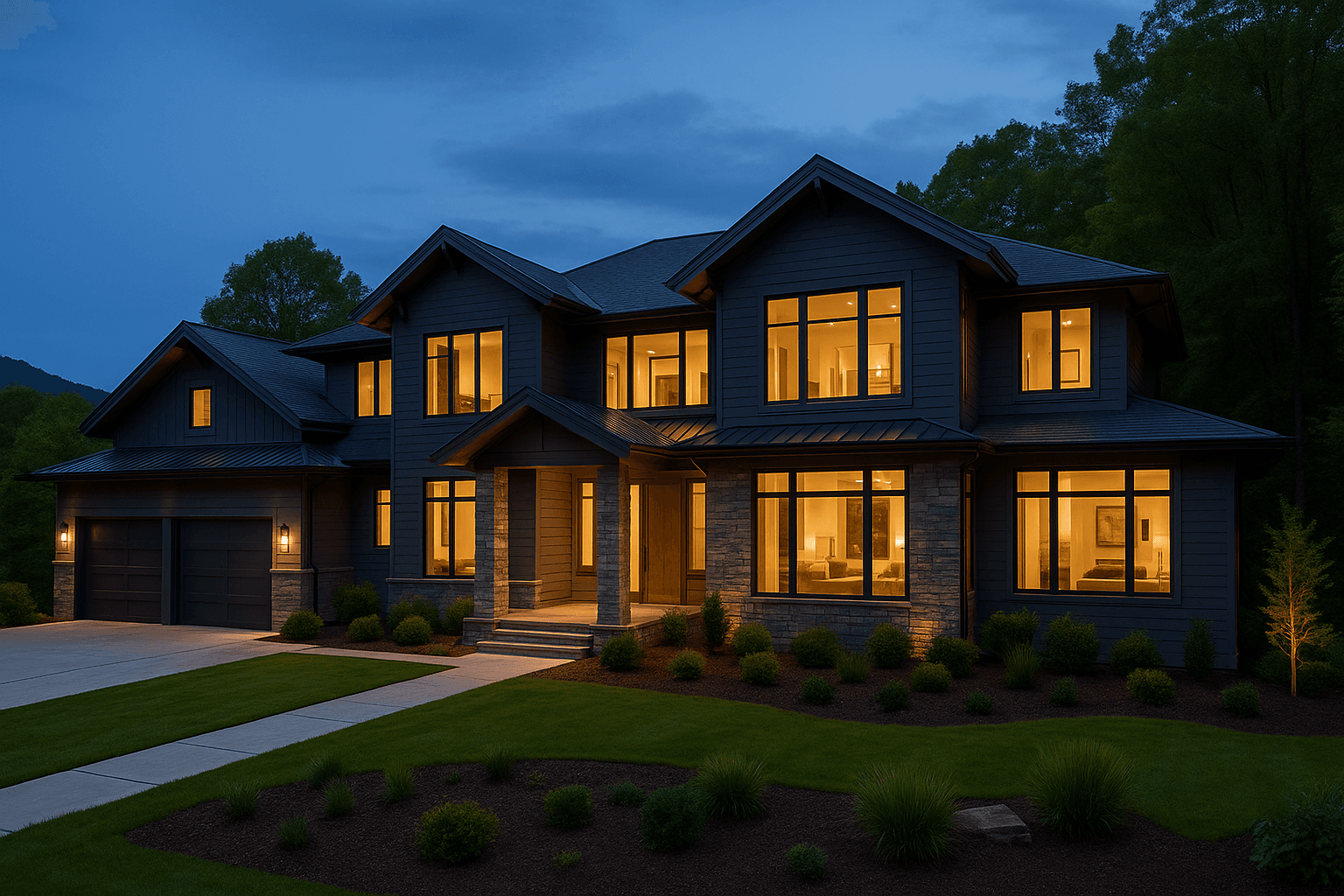Modern two-story home lit up at dusk in the Western North Carolina mountains