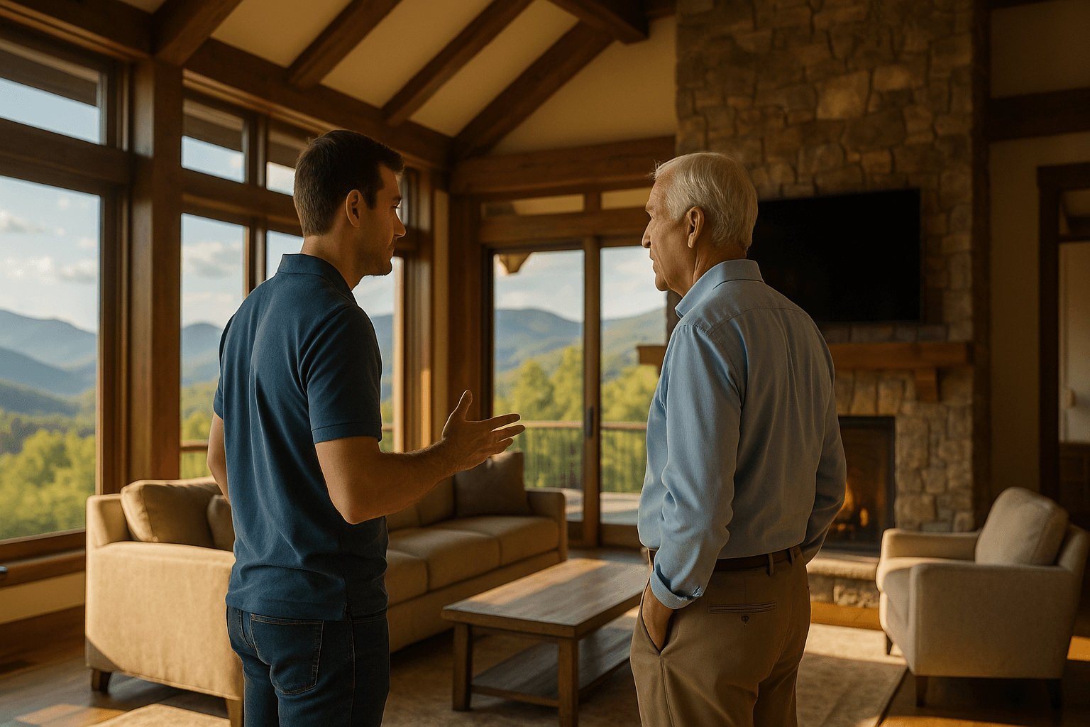 Total Tech technician consulting with a homeowner in a mountain-view living room
