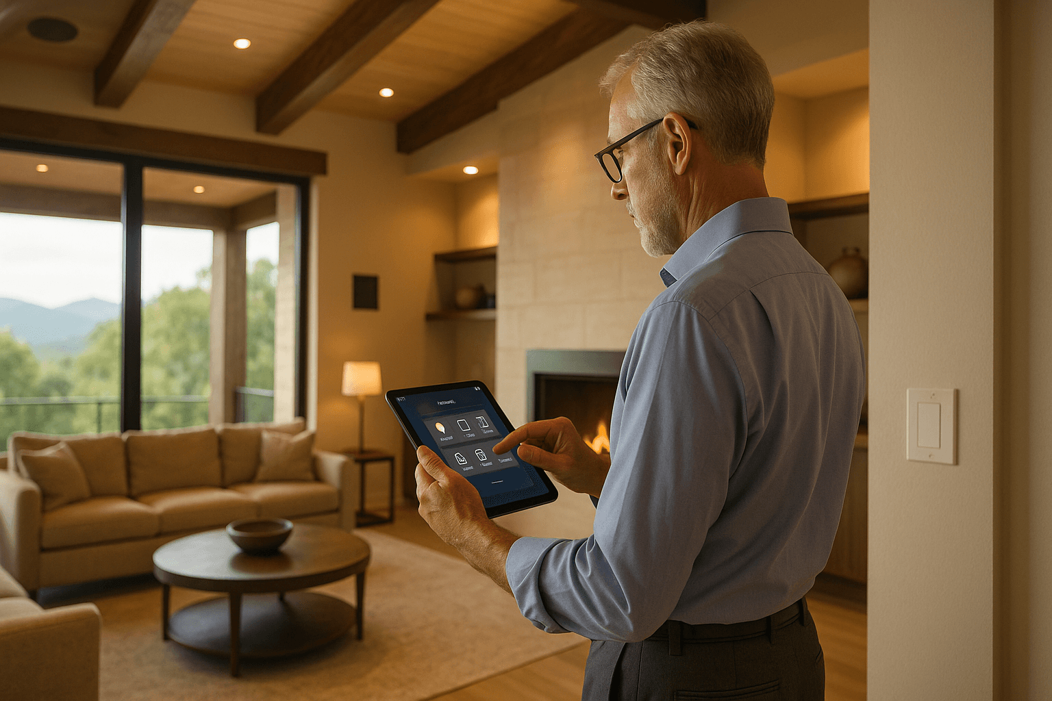 Homeowner controlling smart home lighting and climate from a tablet
