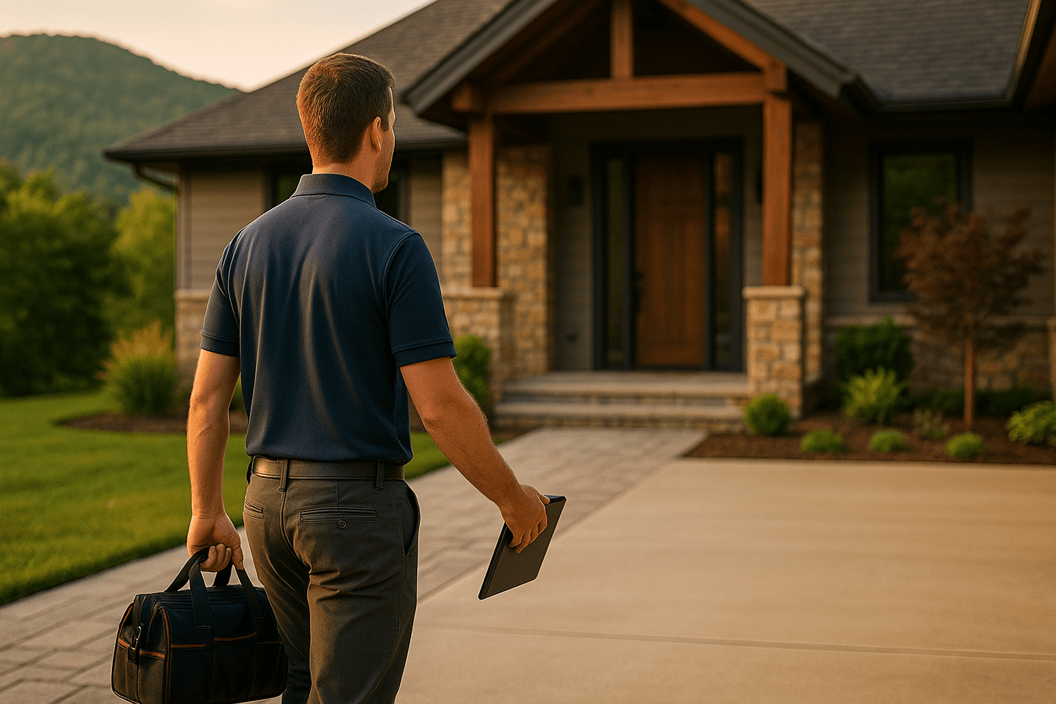 Total Tech technician arriving at a customer's home with a tool bag and tablet
