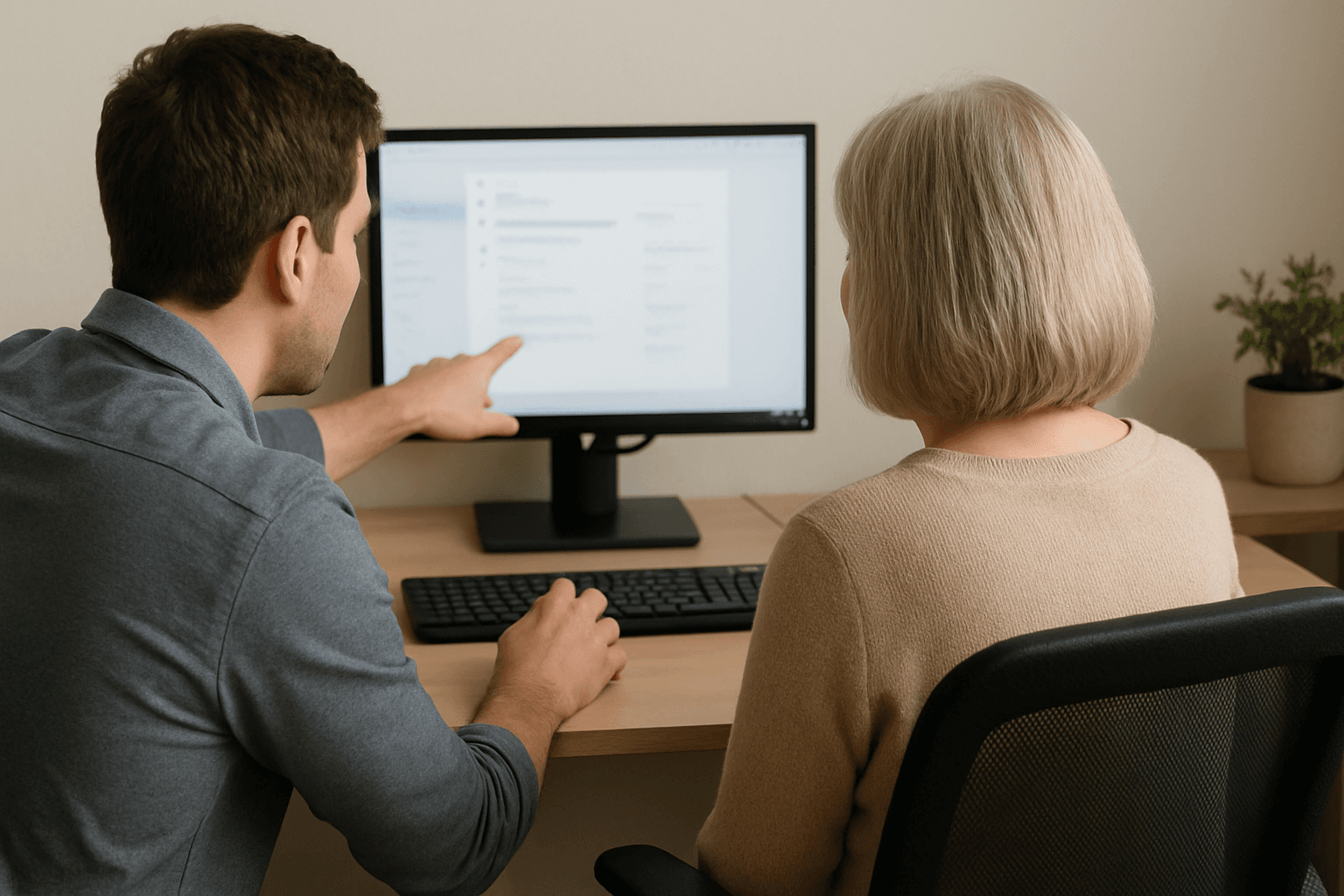 Total Tech technician helping a customer at her desktop computer